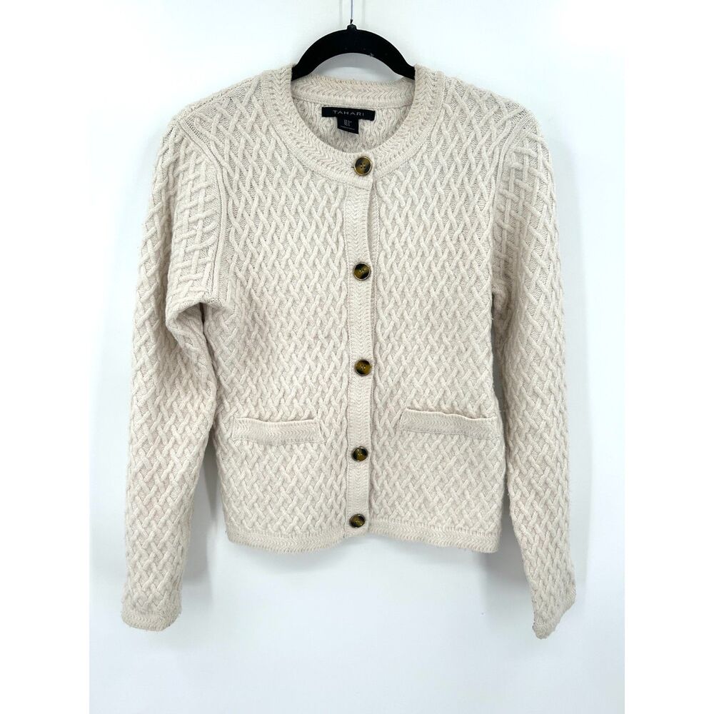 TAHARI *Flawed* Womens Ivory Cable Knit Cardigan Sweater Gold Buttons Small
